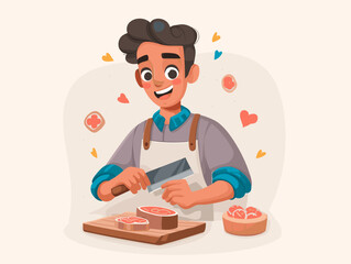 Butcher preparing food: A cheerful butcher diligently cuts a portion of fresh meat on a wooden cutting board, demonstrating culinary expertise and passion in a well-lit environment.