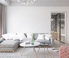 A living room with a couch, two coffee tables, and chandelier