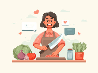 Joyful Home Cooking: A happy woman in an apron skillfully cuts vegetables, surrounded by fresh ingredients, in a cheerful illustration depicting the joy of home cooking.