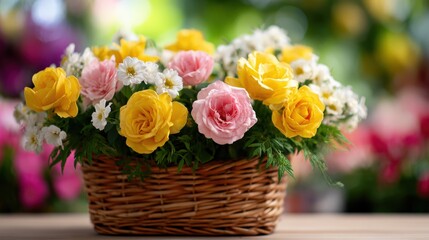 Flowers in a wicker basket add beauty to the room. Floral arrangement, bouquet, springtime, gift, romance, nature