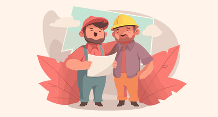 Collaborative Construction: Depicting two construction workers, they share a plan for a project. The warm colors and illustration style capture the camaraderie.