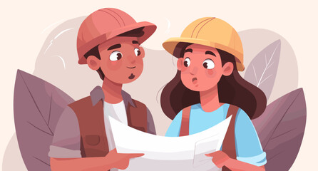 Architectural Discussion: Two construction professionals engrossed in a detailed discussion, heads together over a blueprint, ensuring a precise implementation.