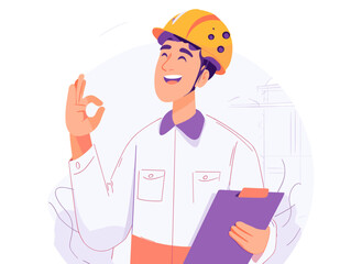 Building Confidence: A confident construction worker, clad in a safety helmet, raises the "OK" hand sign of approval. Demonstrating an enthusiastic endorsement.