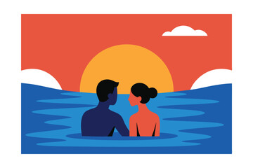 Romantic Couple Enjoying Sunset Swim Vector Illustration