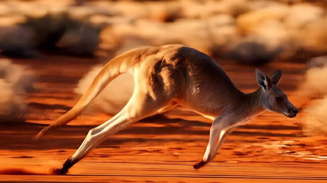 Kangaroo leaps across red dirt landscape during sunset beautiful motion captured wildlife animal nature outback wild