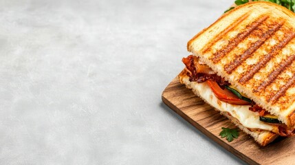 Grilled sandwich, a culinary masterpiece: a gourmet toasted sandwich showcases the artistry of culinary delights. Crafted on a wooden board against a smooth, elegant background.