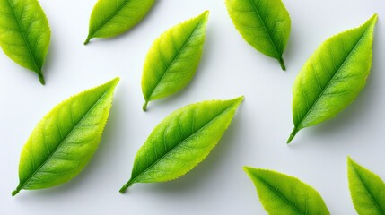 Green tea leaves arranged on a white background. Fresh tea leaves, agriculture, healthy, plant, growth, nature.