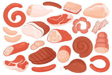 Meat food ingredients, shop menu set vector illustration. Cartoon gastronomy meat product for cooking collection, raw beef, red pork pancetta, fresh chicken legs fillet and steak isolated on white