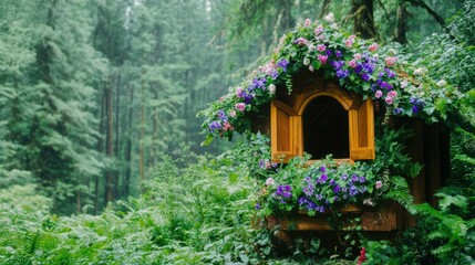 Enchanted Woodland Birdhouse: Nestled amidst a verdant forest, a charming birdhouse is adorned with blooming flowers, creating an inviting and whimsical scene.