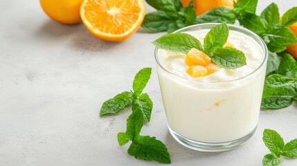 Citrus Delight: A refreshing concoction of creamy yogurt, zesty oranges, and fresh mint leaves, creating a vibrant and visually appealing composition that excites the senses.