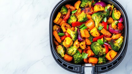Air Fryer Roasted Vegetables: A vibrant mix of roasted vegetables, including broccoli, bell peppers, carrots, and sweet potatoes, in a black air fryer basket.