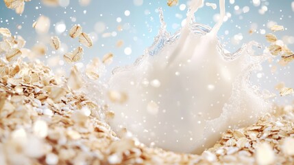 Oat Milk Splash: A dynamic studio shot of oat milk, capturing the explosion of a milk, oat flakes scatter in mid-air against a vibrant backdrop. Evoking freshness, purity and natural goodness.