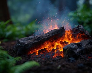 Lava glows between charred rocks in forest scene. Volcanic activity, hot molten rock, natural power and disaster.