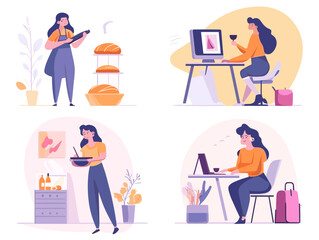 Woman's Daily Routine: A vibrant illustration showcasing four diverse aspects of a woman's daily life, from baking bread to working on her laptop, illustrating a balanced lifestyle.