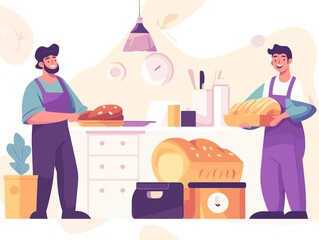 Artisanal Bakers: A captivating illustration of two skilled bakers in a bustling bakery, meticulously crafting and presenting freshly baked bread, embodying the essence of traditional craftsmanship.