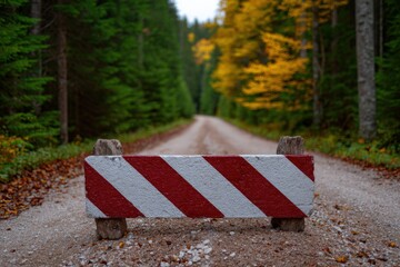 Road blocked by striped barrier on forest path. Restricted access, obstacle, countryside, nature, safety, caution, blocked path.