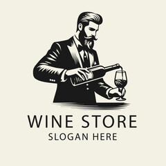 Black and white flat vector illustration of a sommelier pouring wine from a bottle into a glass. Elegant logo design for wine bars, wineries, restaurants, or beverage branding.