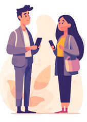 Obraz premium Connected Conversation: A stylized representation of two individuals engaged in a modern-day conversation, each absorbed in their respective smartphones while connecting.