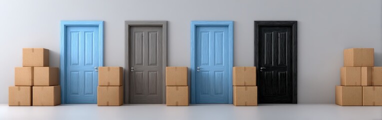 Four doors in different colors stand behind stacked boxes. Decisions, choices, moving, relocation, alternatives, opportunities.