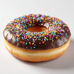 Donut topped with chocolate frosting and sprinkles sits on surface. Sweet treat, bakery item, dessert temptation, confectionery delight