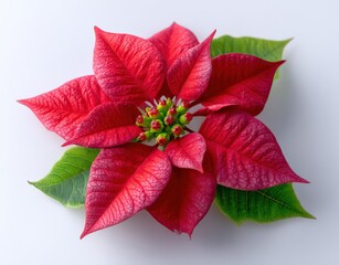 Poinsettia flower with red bracts and green leaves. Festive Christmas bloom, seasonal holiday, plant decoration