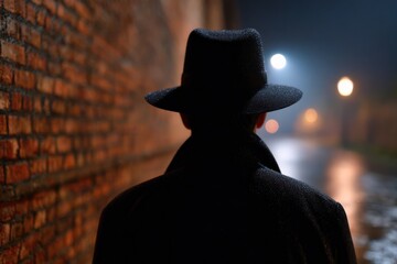 Man walks in dark alley at night wearing fedora and coat. Mystery, detective, film noir, crime, suspense, urban exploration, night city.