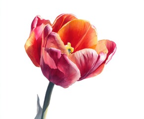 Detailed Watercolor Painting of a Red and Orange Tulip Flower on White Background - Botanical Art, Floral Illustration, Spring Bloom