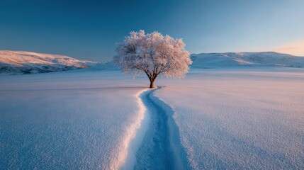 Lonely snow-covered tree stands in vast winter landscape. Snowy path, cold season, winter wonderland, scenic landscape.