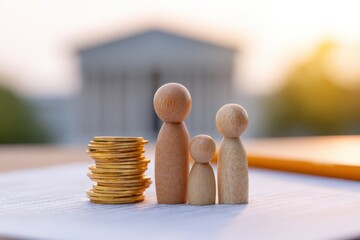 Wooden family figurine stands near a pile of golden coins. Representing financial planning, family budget, savings, investments and home ownership.