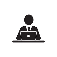 Businessman working on laptop computer, simple pictogram