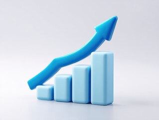 Bar chart shows upward trend with a blue arrow. Business growth, financial increase, data analysis, chart success.