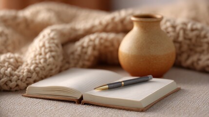 Open notebook and pen are on a neutral surface. Still life, cozy, writer, journal, author, relaxation, writing, lifestyle