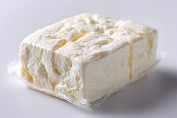 Feta cheese block sits in plastic packaging. Fresh dairy product, greek cheese in plastic wrap on white background.