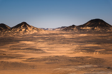 Naklejka premium Ash-covered hills in Egypt's Black Desert under a clear sky, scenic and remote landscape. Volcanic