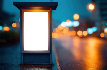 Illuminated advertisement stand sits on city street at night. Urban advertising, blank signage, marketing mockup, bus stop poster, urban design, city background.