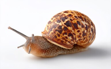 Snail crawls slowly on white surface. Terrestrial pulmonate gastropod mollusk, slow moving, invertebrate, nature wildlife