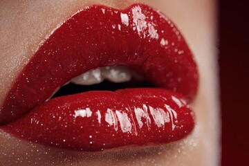 Close up of glossy red lips with glitter and lipstick. Beauty, makeup, fashion, glamour, cosmetics, style.