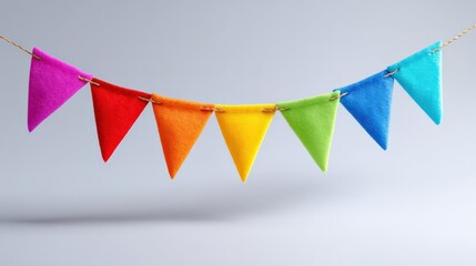 Colorful felt bunting banner hangs against a white backdrop. Party decoration, rainbow colors, celebration decor, festive event, holiday design.