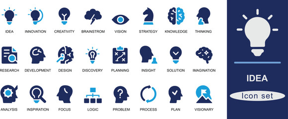 A modern idea and innovation icon set. Featuring creativity, brainstorm, vision, strategy, and solution symbols. Ideal for business and UI design projects.