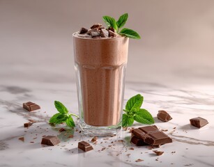 Chocolate smoothie garnished with mint and chocolate chunks. Refreshing dessert, sweet treat, gourmet indulgence, creamy texture.
