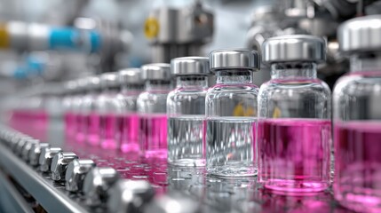Vials move along a production line in a pharmaceutical factory. Vaccine production, pharmaceutical industry, medicine manufacturing, medical research, laboratory science