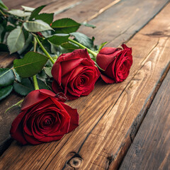 Crimson Rose's Embrace: A trio of luscious crimson roses lie elegantly on a rustic wooden table, their velvety petals hinting at a tale of romance and tender affection.