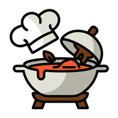 vector icons cooking food chef hat include a pizza slice, a sushi roll, spaghetti and meatballs, a curry bowl burger , fish 
