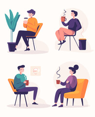 Cafe Moments: A collection of illustrations captures four diverse individuals enjoying moments of relaxation with a warm beverage, fostering a sense of comfort and contentment in a cafe setting.