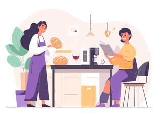 Morning Ritual: A culinary scene unfolds as one figure holds a loaf of fresh bread while another engrossed in a book, capturing a moment of tranquility. 
