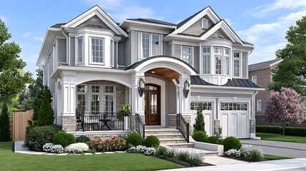 Fototapeta premium Luxurious two-story suburban home with elegant architectural details high resolution photo