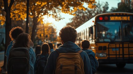 Young students walking to a school bus under autumn leaves at sunset