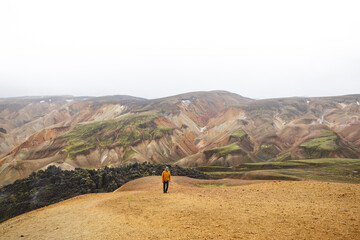 Hiker walks along sand and stone path through the colorful rhyolite mountains of Landmannalaugar in Icelands Highlands, a peaceful journey into wild volcanic beauty