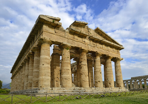 Second Temple of Hera in Paestum, Greek temple of Magna Graecia, the ruins of the ancient city of Paestum. UNESCO World Heritage Site, municipality of Capaccio, province of Salerno, Italy
