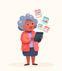 Senior's Digital World: A cartoon image of an elderly woman, animated with glasses and modern device is using digital tablet and floating images.